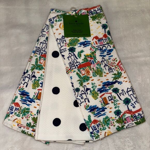 Kate Spade Kitchen Towel Set of 3 Tropical Colorful Scene Polka Dots NWT - Picture 1 of 6